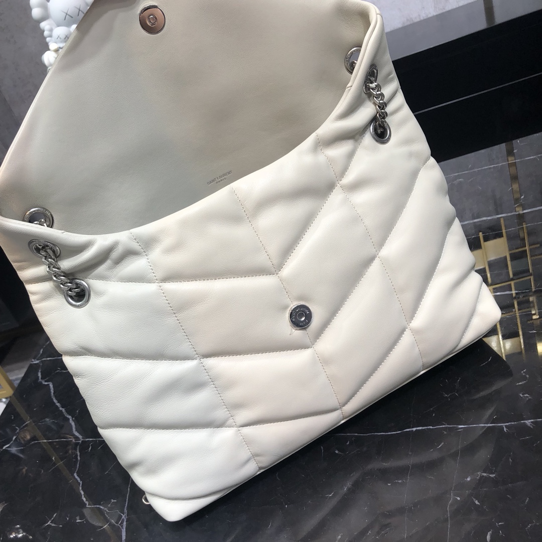 Saint Laurent Loulou Puffer Lambskin Shoulder Bag Handbag White 577475 Silver